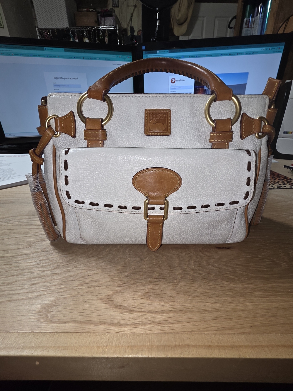 Dooney & Bourke White and Tan Pebble Leather Satchel